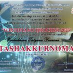 Samarqand viloyati Kattaqo’rg’on shahar 2-son BMSM Fortepiano bo’limi o’quvchisi Sharipova Shahrizoda «Fortepiano ijrochisi 2025» Respublika  masofaviy ko’rik tanlovida ishtirok etib  O’zbekiston Kompozitorlari  va bastakorlari uyushmasi a’zosi kompozitor Mehroj Muxtorov tomonidan II darajali diplom bilan taqdirlandi .Faxrli natija uchun  2-son BMSM direktori  Nurmuradov Davronjon Najmiddinovich va Fortepiano bo’limi o’qituvchisi Sirojiddinova Durdona Rustamovna  uyushma tomonidan Tashakkurnoma bilan taqdirlandilar.